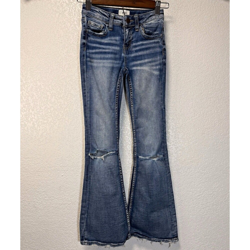 BKE Youth Girls Size 10 Flare Jeans Light Wash Distressed Knee Stretch Denim